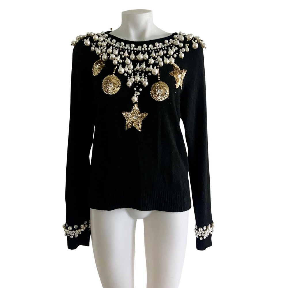 Forenza Vintage Black Silk Angora Pearl Sequin Star Embellished Sweater Large